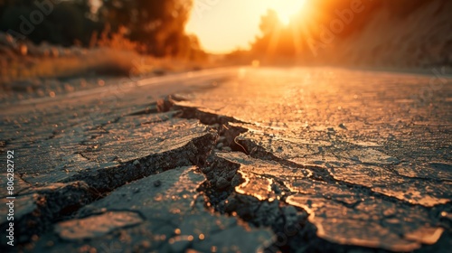 Golden hour light casts over a damaged road, emphasizing the destruction caused by seismic activity