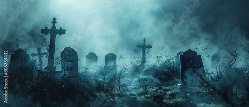 Eerie mist surrounds ancient tombstones in a haunted graveyard at night, creating a chilling atmosphere.