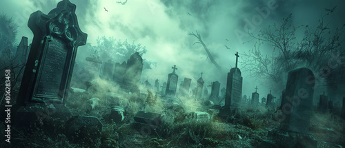 Eerie mist hovers above old tombstones in a haunting graveyard scene on a foggy night.