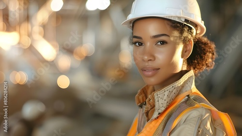 Confident woman in construction attire equipped with safety gear ready to work. Concept Business Woman, Construction Industry, Safety Gear, Empowerment, Diversity