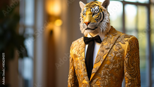 sophisticated tiger in a velvet smoking jacket, adorned with gold embroidery