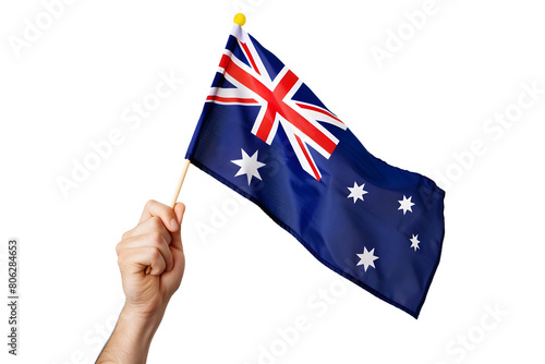 man hand hold national flag of Australia isolated on transparent background