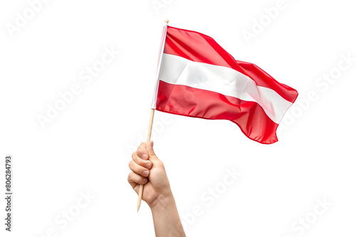 man hand hold national flag of Austria isolated on transparent background