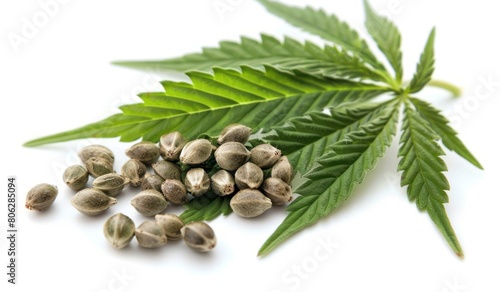 Heap of hemp seeds, cannabis seeds with leaf isolated on white background.