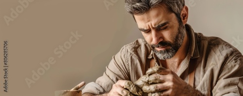 Senior man sculpting pottery. Art and craftsmanship concept on a neutral background