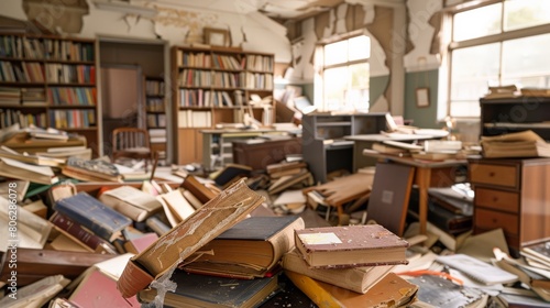 Destroyed library with books and furniture strewn about after an earthquake, highlighting extensive structural damage
