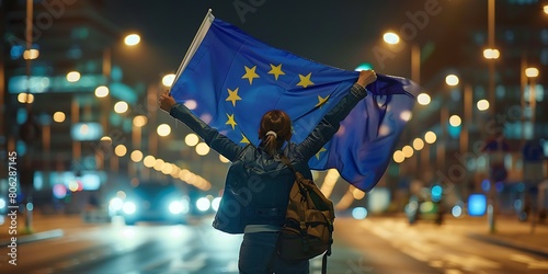 A person wearing a mask and holding two EU flags over their head.