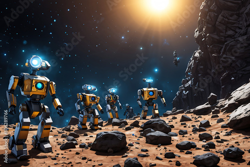 Robots exploring an asteroid belt, each robot equipped with its own unique set of tools and sensors, positioned strategically around various sized rocks that glitter with Golden Ratio patterns, nebula