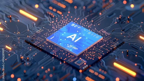 AI flag print screen on Microchip processor on electronic board for important component in computer smartphone, AI is the largest main manufacturing in the world of global supply chain concept