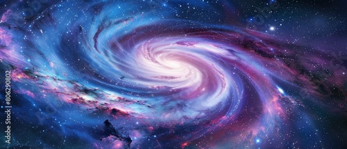 A spiral galaxy with vibrant colors and swirling patterns, set against the backdrop of deep space. The Milky Way is visible in the background, surrounded by stars that give ethereal appearance.