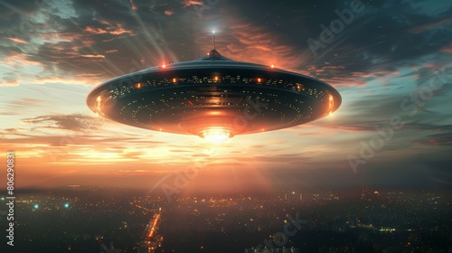 Large UFO spacecraft descending over city at sunset. Extraterrestrial visitation and sci-fi concept.