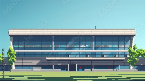 A clean, minimalist illustration of a sports stadium with lush trees and clear skies