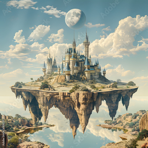 Fantasy landscape with floating island in the sky.