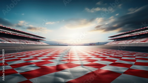 Empty race track with checkered flag at sunset.