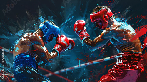 Digital painting of Boxing Amateur Amateur boxers compete in individual matches