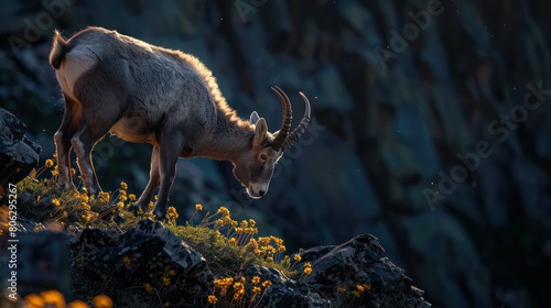 A graceful ibex traverses a challenging mountainous landscape, showcasing its agility and adaptation to the wild