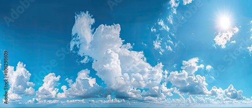 Electric blue sky with fluffy white clouds floating in the atmosphere