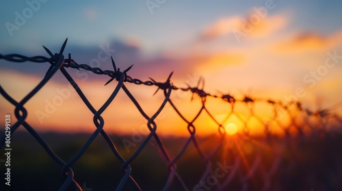 The contrasting themes of confinement and freedom are presented with a barbed wire fence silhouetted against a dramatic sunset