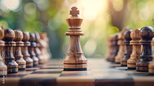 A strategically focused image of a king chess piece prominently in the lead on a chessboard symbolizing leadership and strategy in a game or metaphorically in life