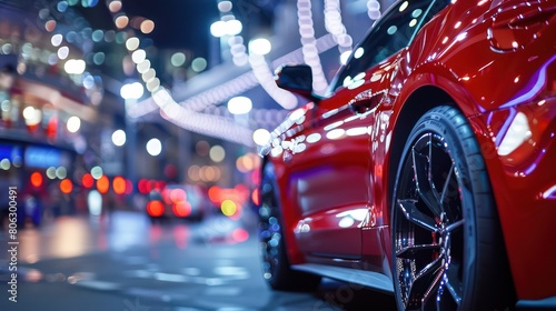 An energetic nocturnal city scene with a glossy red sports car under vibrant street lights, reflecting affluence