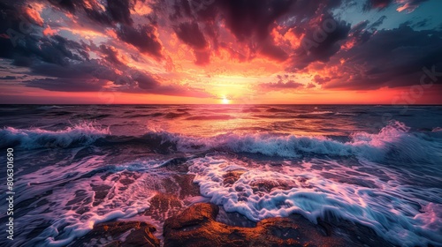 Stunning coastal view as powerful waves clash against the shore under a dramatic sky painted by sunset's vibrant hues, depicting nature's force