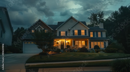 A stately suburban house illuminated warmly under the dark blue hues of the night sky creates a serene scene