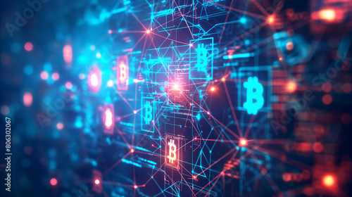 Illustration of digital cryptocurrency, Bitcoin. Multiple Bitcoin symbols illuminated in vibrant blue hue, interconnected by lines and dots symbolized blockchain technology, digital currency