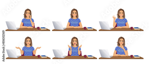 Beautiful business woman wearing bright clothes using laptop computer sitting at the desk in different poses set isolated vector illustration