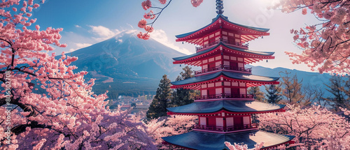 A serene Japanese pagoda surrounded by blooming cherry blossom trees, creating a peaceful setting.
