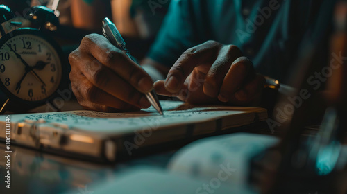 A person writing in a notebook with an alarm clock.