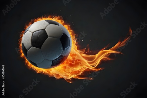 dynamic picture of a soccer ball burning brightly, standing up against the smoke-filled, dark background 