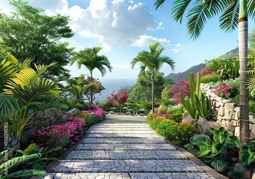 Stone path through a tropical garden with palm trees and flowers