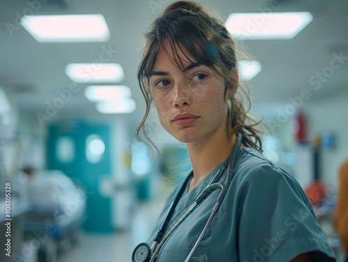 A young female doctor wearing a stethoscope around her neck looks off into the distance thoughtfully