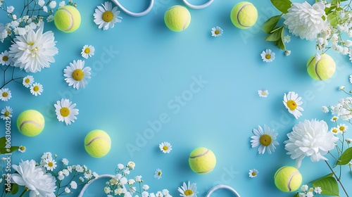 Tennis ball and pretty flowers, copy blue banner background with space,テニスボールと可愛い花、コピー スペースのある青のバナーの背景,Generative AI
