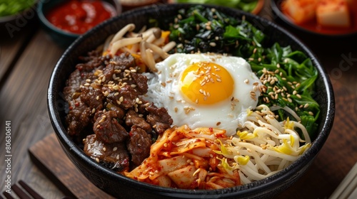 Korean Food, Bibimbap with beef, egg and vegetables