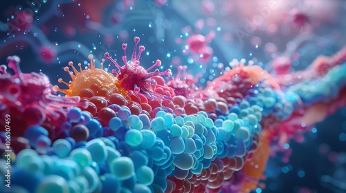 Closeup animation of watersoluble vitamins B and C being absorbed through the intestinal wall, showing molecular interaction