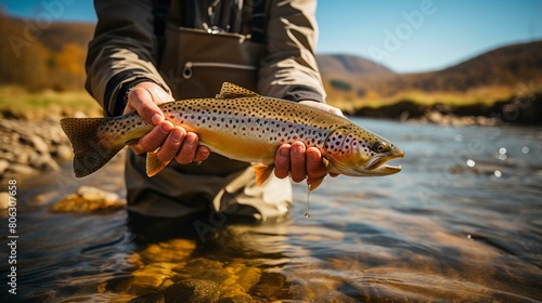 Fly fishing in a beautiful river with a brown trout