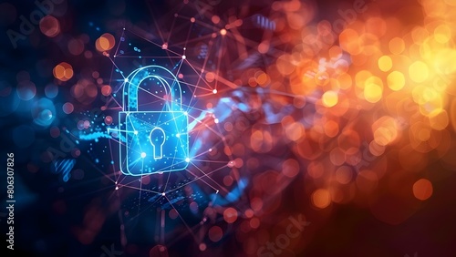 Securing the global network: Blue lock symbol and connecting points. Concept Cybersecurity, Global Networks, Encryption, Data Protection, Network Security