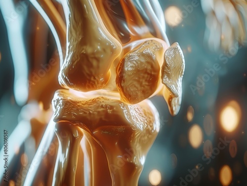 Realistic 3D illustration of a knee with osteoarthritis, detailed pain mapping for medical use