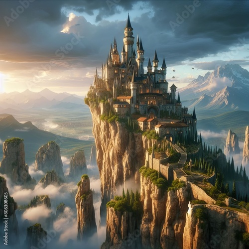 A fantasy castle perched atop a rocky cliff, overlooking a vast kingdom below