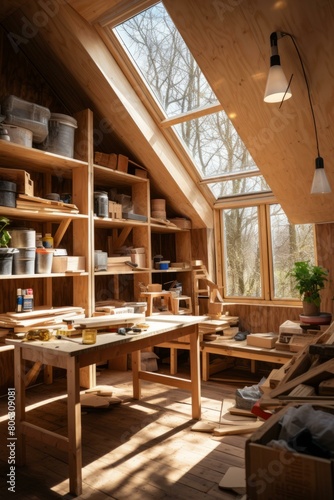 A well-organized wood workshop with natural sunlight