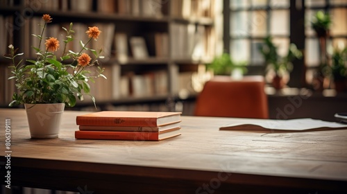 A beautiful library with a wooden table, a potted plant, and a stack of books