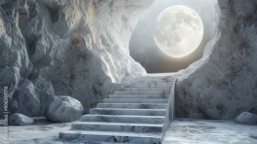Mystical Cave Entrance With Stairs And Glowing Moon