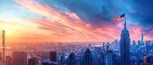 A banner of the New York City skyline with the USA flag flying high, showcasing patriotism on Independence Day 8K , high-resolution, ultra HD,up32K HD