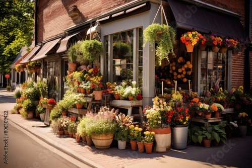 Small-town florist shop showcasing a vibrant selection of fresh bouquets on the sidewalk
