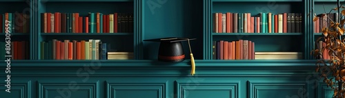 A bookshelf with a graduation cap on top, representing the culmination of education and academic achievement 8K , high-resolution, ultra HD,up32K HD