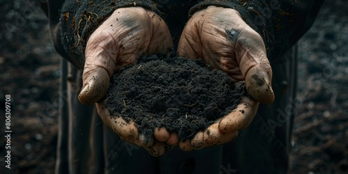 Close-up of a farmer's hands holding a handful of rich, dark soil
