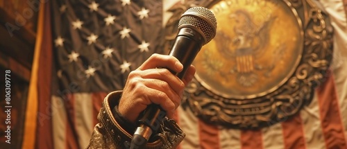 A man holding a microphone in front of the American flag, symbolizing political commentary and expression