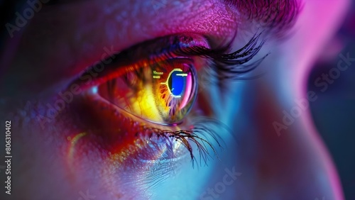 Closeup of eye with AI technology integrated into retina for future advancements. Concept Closeup Photography, Eye Technology, AI Integration, Future Advancements