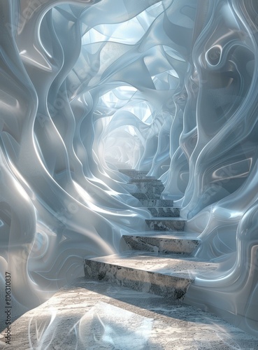 Futuristic staircase with glowing blue organic structure walls